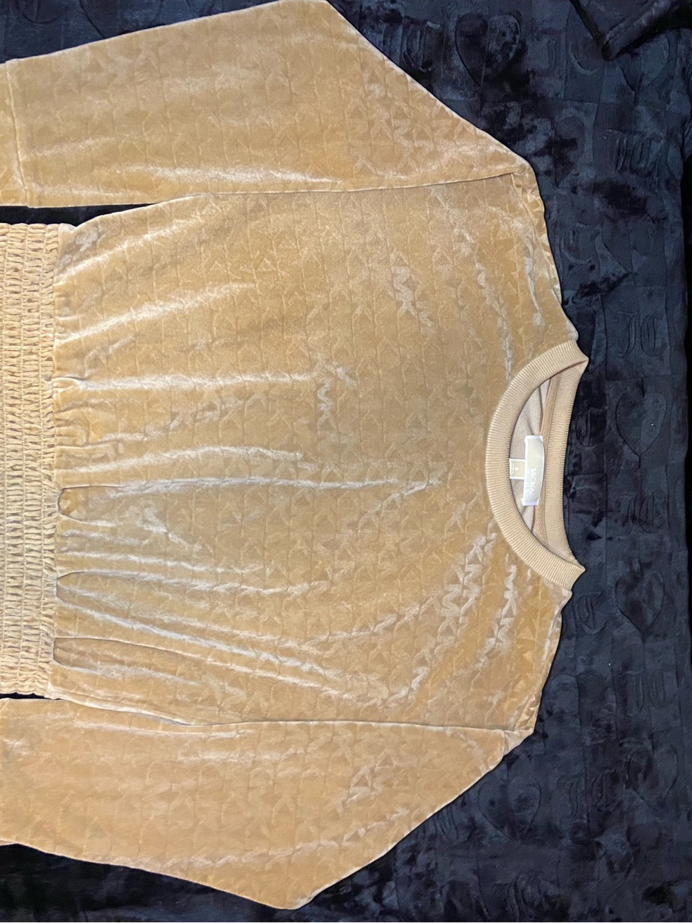 Michael Kors Tan Velvet Velour Monogram Smocked Pullover Top